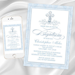 Convite Blue Damask Cross Baptism
