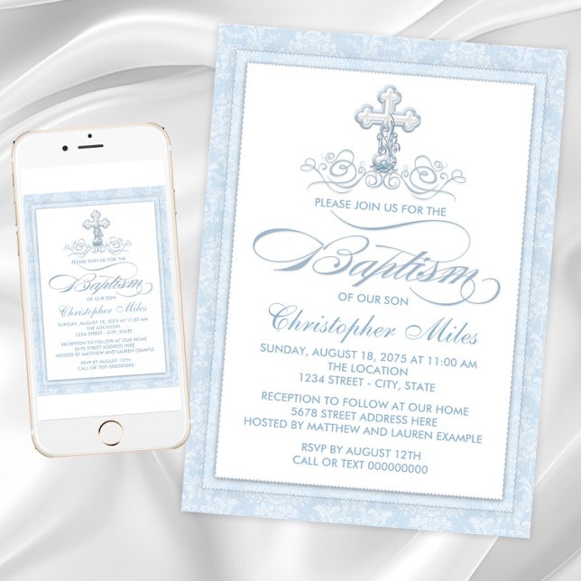 Convite Blue Damask Cross Baptism (Blue damask baptism invitation with fancy script and pearl cross. For Instant download and print.)