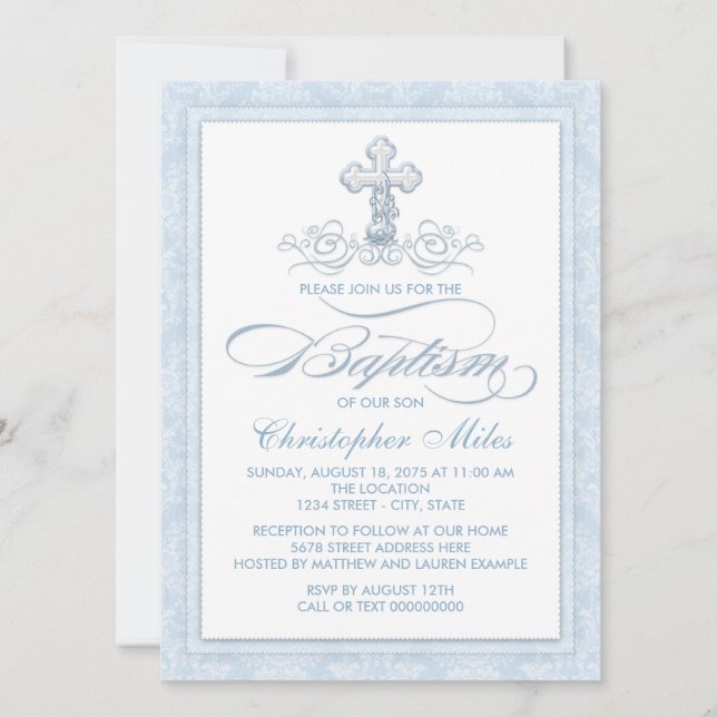Convite Blue Damask Cross Baptism (Frente)