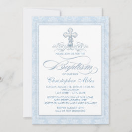 Convite Blue Damask Cross Baptism