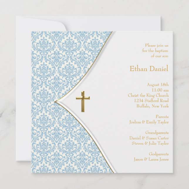 Convite Blue Damask Cross Boy Christening (Frente)