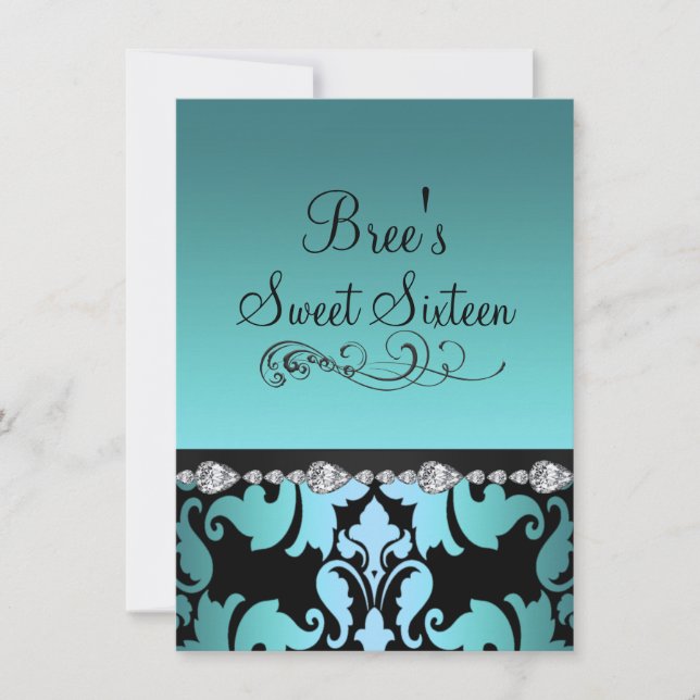 Convite Blue Damask & Diamond Image Sweet 16 (Frente)