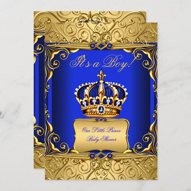 Convite Blue Damask Dourado Crown Chá de fraldas Boy bs2 (Frente/Verso)