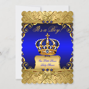 Convite Blue Damask Dourado Crown Chá de fraldas Boy bs3