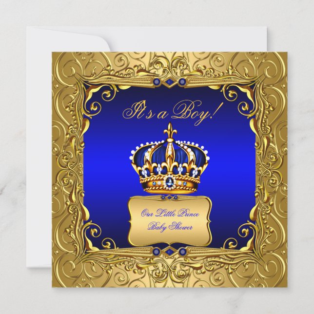 Convite Blue Damask Dourado Crown Chá de fraldas Boy bs4 (Frente)