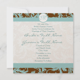 Convite Blue Damask on Brown Wedding Invitation
