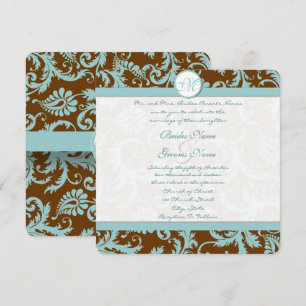 Convite Blue Damask on Brown Wedding Invitation