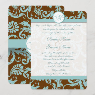 Convite Blue Damask on Brown Wedding Invitation