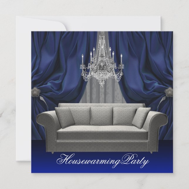 Convite Blue Damask Sofa Chandelier House Party (Frente)