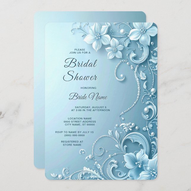 Convite Blue Decorative Floral Bridal Shower (Frente/Verso)
