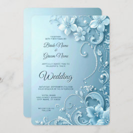 Convite Blue Decorative Floral Wedding Invitation