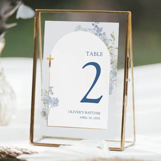 Convite Blue Delphinium Floral Boy Baptism Table Number (Criador carregado)