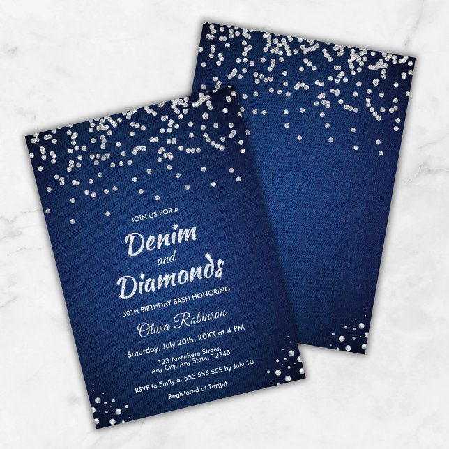 Convite Blue Denim e Diamantes 50º aniversário (Blue Denim and Diamonds 50th Birthday Invitation   )