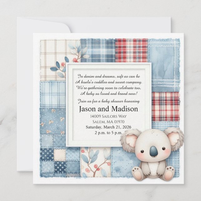 Convite Blue Denim Koala Baby Shower Invitation (Frente)