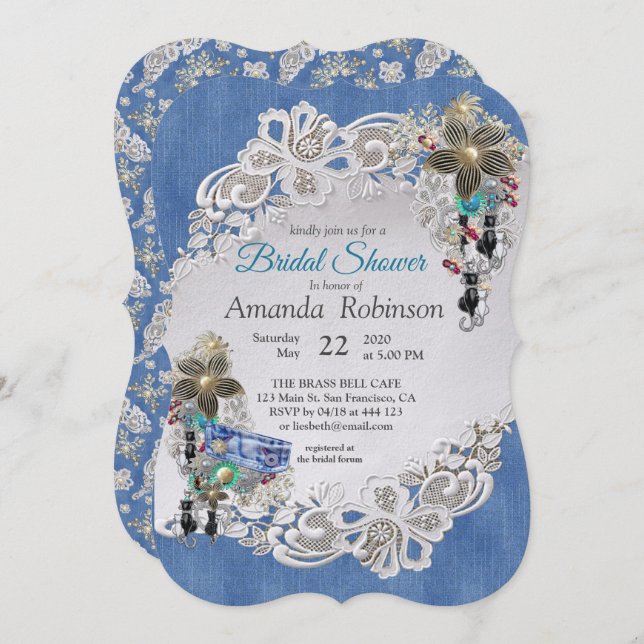 Convite Blue Denim, rendas - Joias de Costume (Frente/Verso)