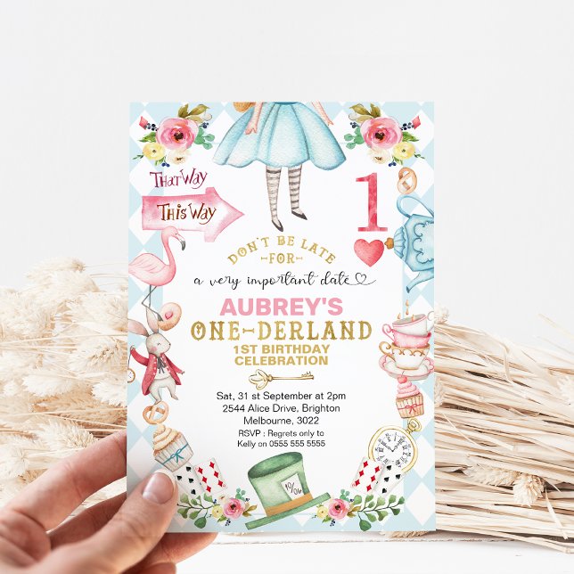 Convite Blue Diamond Heart Alice One-derland primeiro aniv (Alice in Onederland 1st Birthday Invitation, Blue Diamond Pattern Red Heart, Floral Alice Onederland)