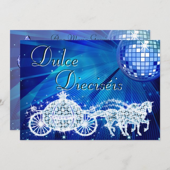 Convite Blue Disco Ball, Princess Coach & Horses Sweet 16 (Frente/Verso)