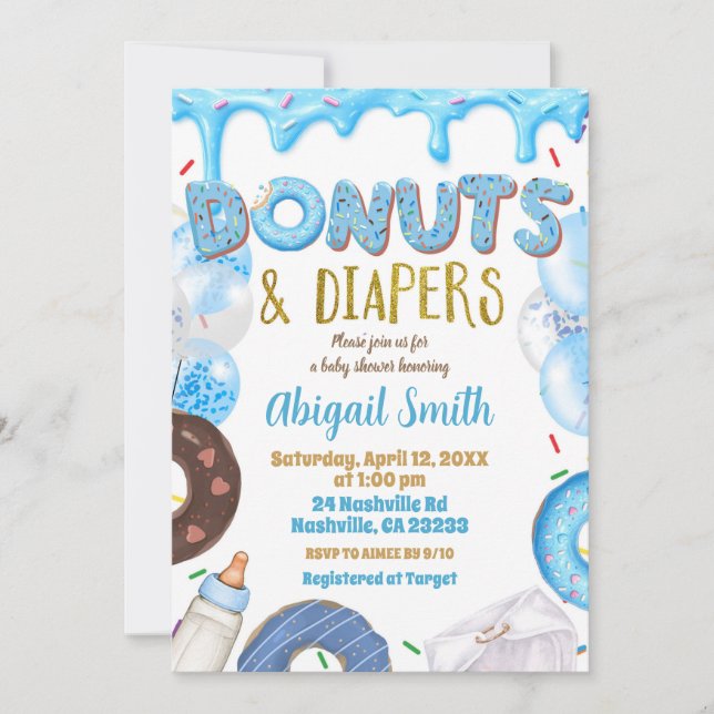 Convite Blue Donuts and Diapers baby shower  (Frente)