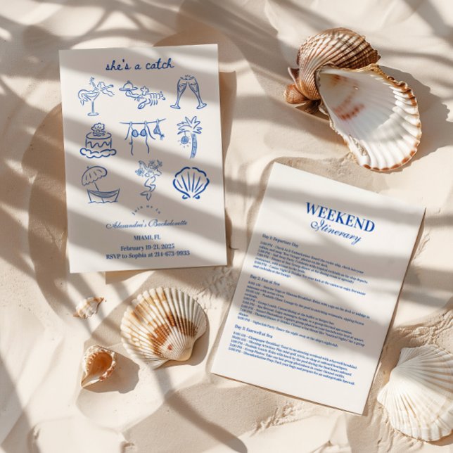 Convite Blue Doodle Tropical She's a Catch Bachelorette  (Criador carregado)