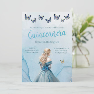 Convite Blue Dourada Butterfly Princess Quinceañera