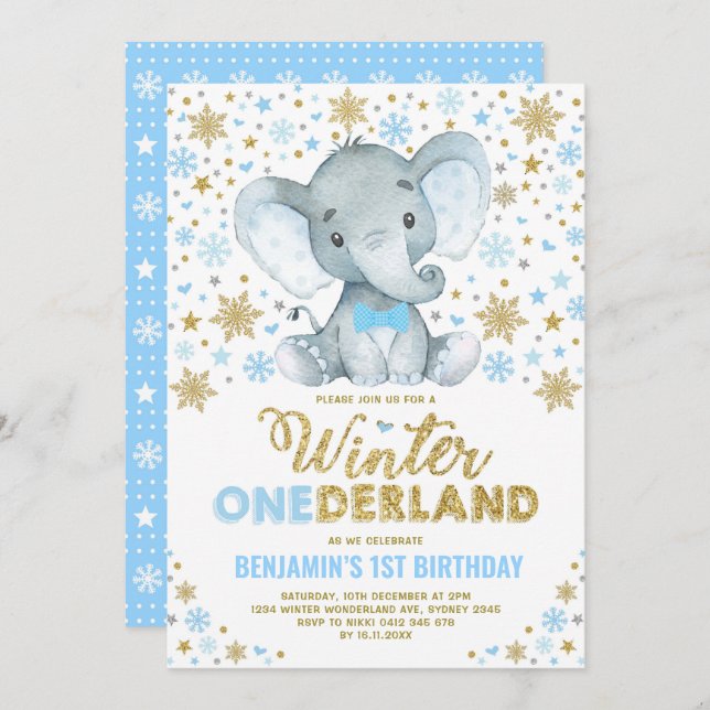Convite Blue Dourado Elefante Winter ONE derland Snowflake (Frente/Verso)