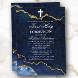 Convite Blue Dourado Marble Agate Geode Primeira Comunhão<br><div class="desc">Clorideira Elegante Moderna Azul e Dourado Gato Marble Geode Primeira Sagrada Convocação</div>