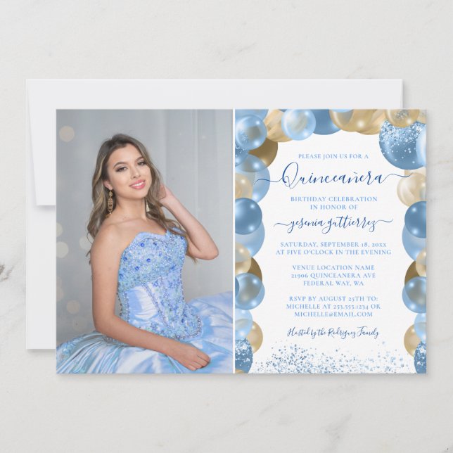 Convite Blue Dourado Sparkle Quinceañera Balloon Foto Invi (Frente)