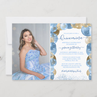 Convite Blue Dourado Sparkle Quinceañera Balloon Foto Invi