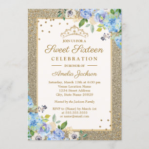 Convite Blue Dourado Sparkle Sweet 16 convidado