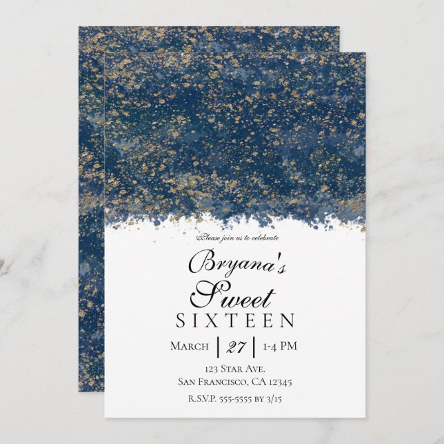 Convite Blue Dourado Splatter Modern Glam Sweet 16 Party (Frente/Verso)
