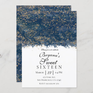 Convite Blue Dourado Splatter Modern Glam Sweet 16 Party