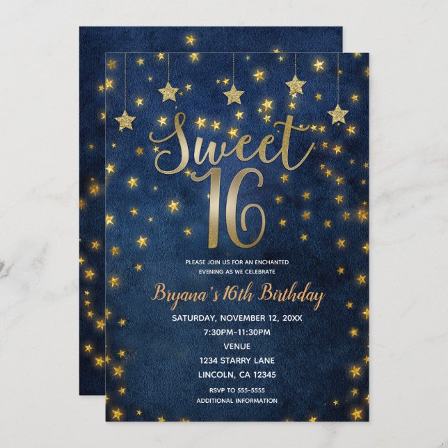 Convite Blue & Dourado Stars Celestial Sky Sweet 16 Party (Frente/Verso)