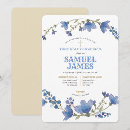 Convite Blue Dourado Wreath Santa Primeira Comunhão
