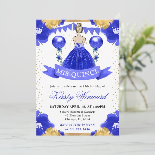 Convite Blue Dress Blone Haired Princess Quinceanera (Em pé/Frente)