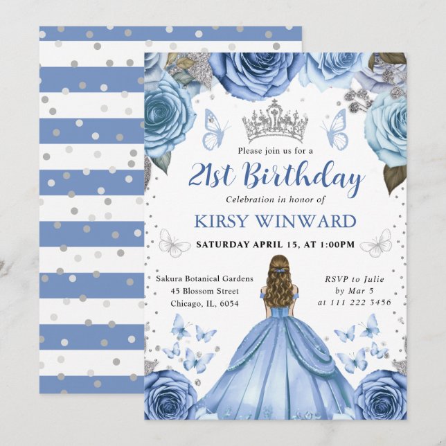 Convite Blue Dress Blonn Princess Birthday (Frente/Verso)