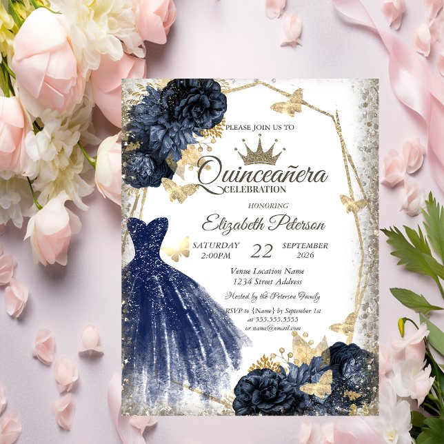 Convite Blue Dress,Roses,Gold Butterflies Quinceañera (Criador carregado)
