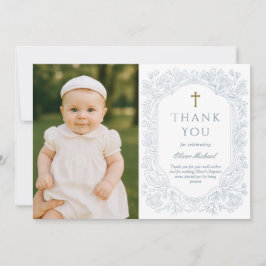 Convite Blue Elegant Floral Baptism Thank You Card
