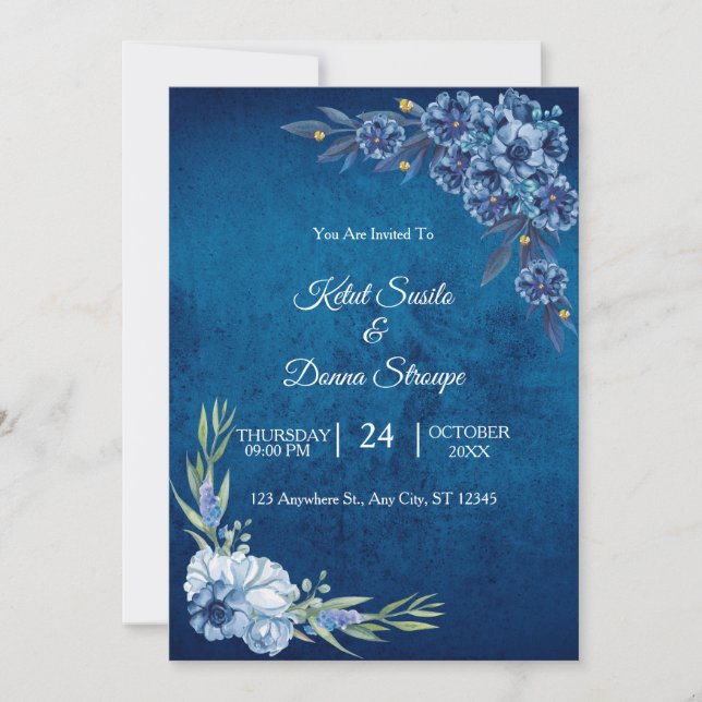 Convite Blue Elegant floral summer wedding (Frente)