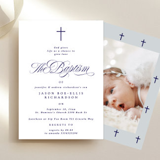 Convite Blue Elegant Marinho Cross Boy Fotografia Baptism 