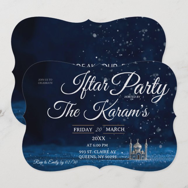 Convite Blue Elegant Mosque Ramadan Iftar Party  (Frente/Verso)