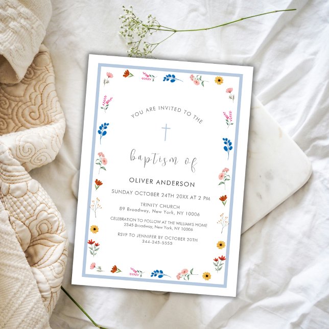 Convite Blue Elegant Wildflower Boy Christening Baptism (Blue Elegant Wildflower Boy Christening Baptism Invitation)