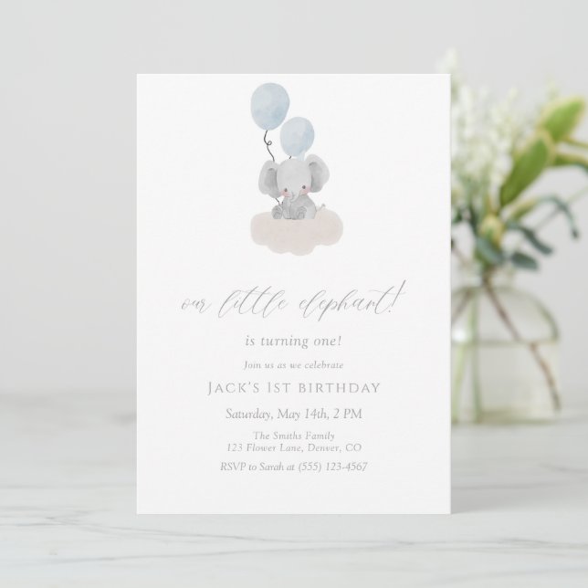 Convite Blue Elephant First Birthday Invitation  (Em pé/Frente)