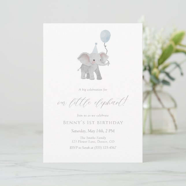 Convite Blue Elephant First Birthday Invitation Watercolor (Em pé/Frente)