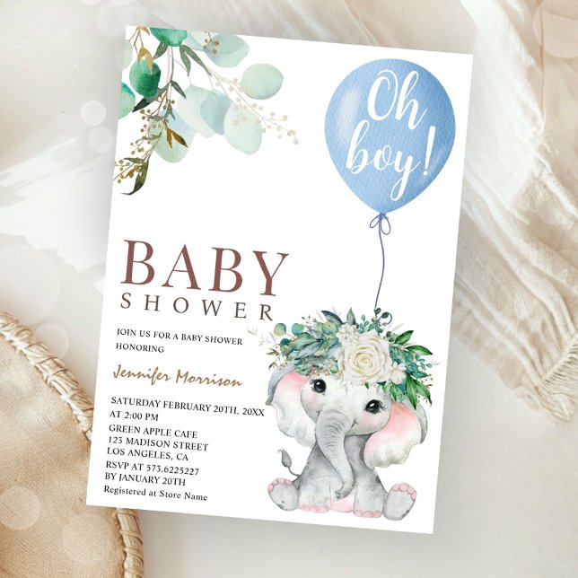 Convite Blue Elephant Oh Boy Balloon Baby Shower (Criador carregado)