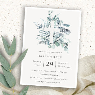 Convite Blue Eucalyptus Fern Foliage Cross Baptism Invite