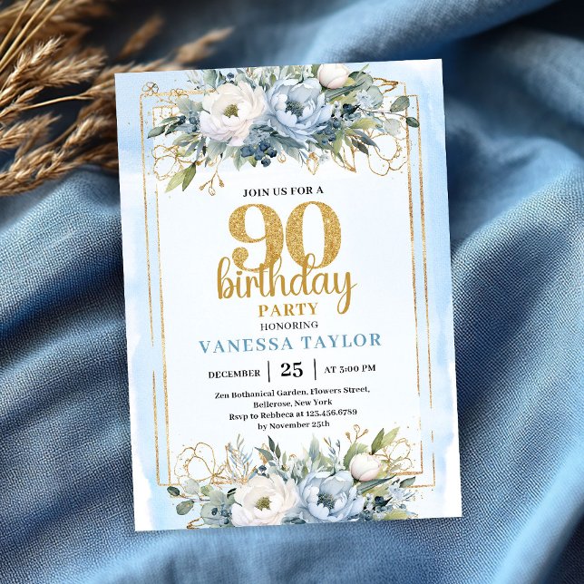 Convite Blue Eucalyptus Gold Accent 90th Birthday Invite (Blue Eucalyptus Gold Accent 90th Birthday Invite)