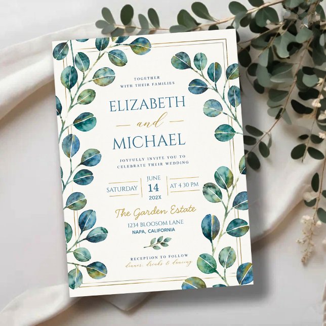 Convite Blue Eucalyptus with Elegant Gold Details (Criador carregado)
