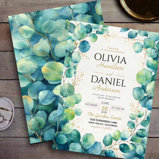 Convite Blue Eucalyptus with Gold Botanical Accents (Criador carregado)