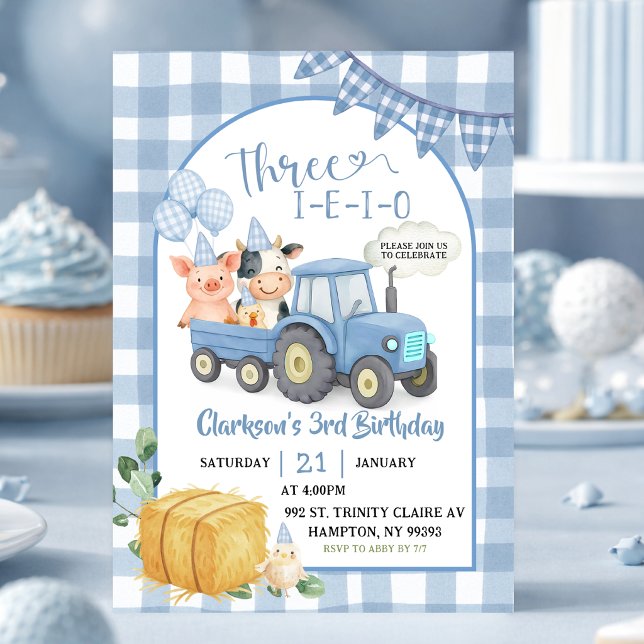 Convite Blue Farm Animals Three-i-e-i-o 3rd Birthday (Criador carregado)