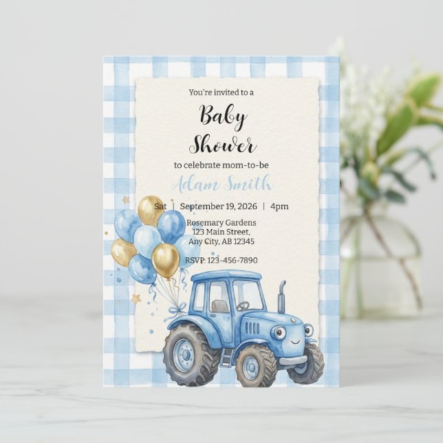 Convite Blue Farm Tractor Boy Baby Shower (Em pé/Frente)